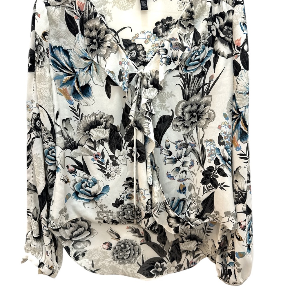 White House Black Market Black and Blue Ruffled Tie Front Blouse